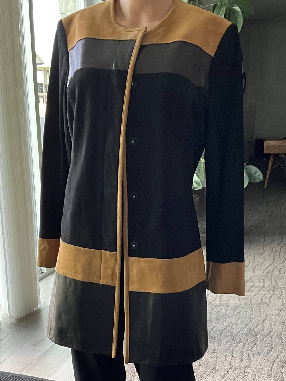 Women's Black and Tan Contrast Trim Long Coat